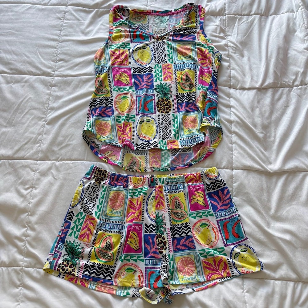 Joyspun Womens Tropical Fruit Pajama PJs Set Tank Shorts Large Casual Lougnge